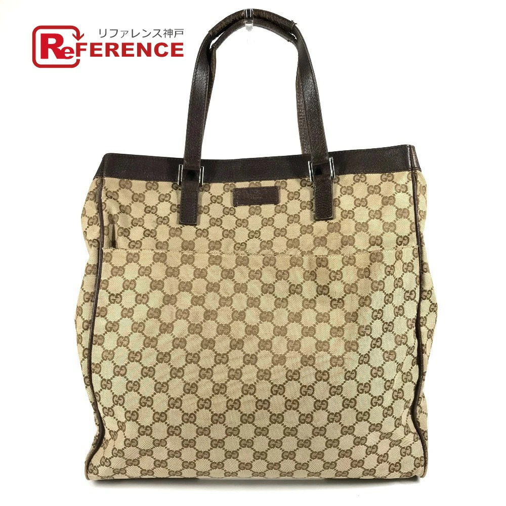 GUCCI GG Logo Bag Vertical Tote Shoulder Canvas Leather Beige
